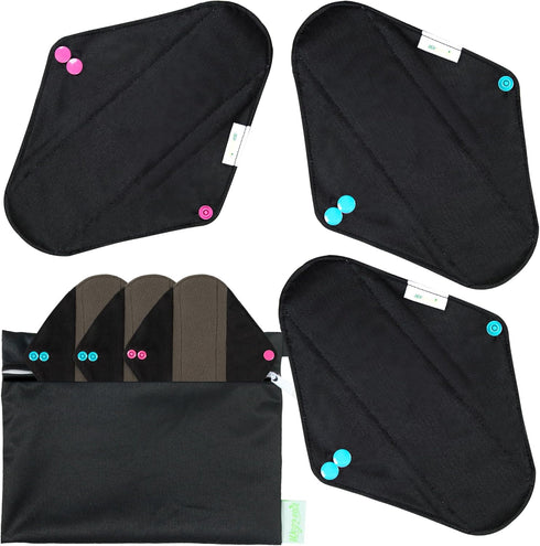 wegreeco Reusable Menstrual Pads, 6 Pack Soft Cloth Sanitary Pads with 1 Cloth Mini Wet Bag (Small, Black)