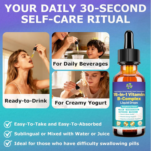 JUIWEFKK 15-in-1 B12 B6 B1 Advanced Vitamin B Complex Liquid Drops for Women Men & Kids, VIT B Complex with Vitamin C
