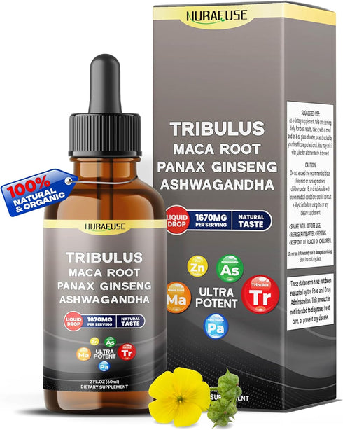 NURAFUSE Organic Tribulus, Maca Root, Panax Ginseng, Ashwagandha Liquid Drops 1670mg per Serving,
