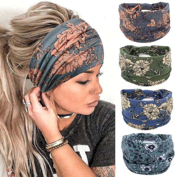 Wide Boho Headbands for Women - Fashion Knotted Headband Yoga Workout Hair Accessories 4 Pack
