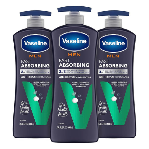 Vaseline Men's Healing Moisture Hand & Body Lotion for Dry Skin, Fast Absorbing, Non-Greasy, 20.3 oz, Pack of 3