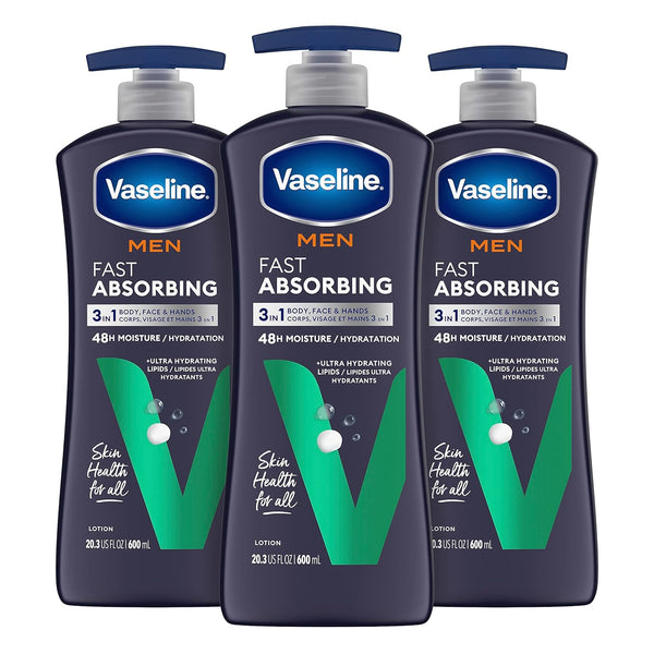 Vaseline Men's Healing Moisture Hand & Body Lotion for Dry Skin, Fast Absorbing, Non-Greasy, 20.3 oz, Pack of 3