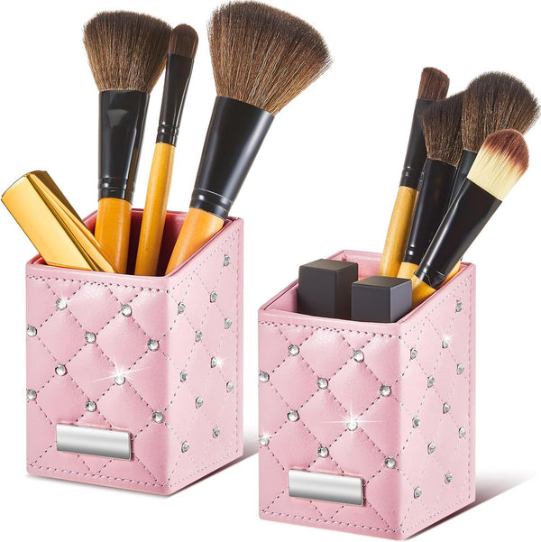 2 Pcs Crystal Bling Makeup Brush Holder, PU Leather Waterproof Glitter Cup for Women Girls Travel Organizer (Pink)