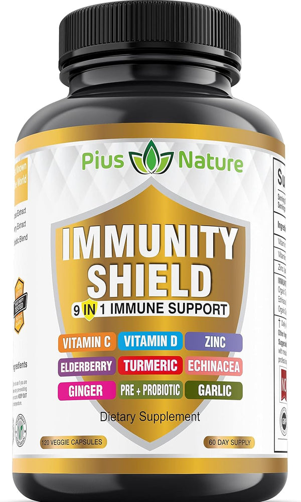 9-in-1 Immune Support Vitamin C (1000mg), D3 (5000 IU), Zinc (22mg) with Elderberry, Turmeric, Echinacea, Ginger,