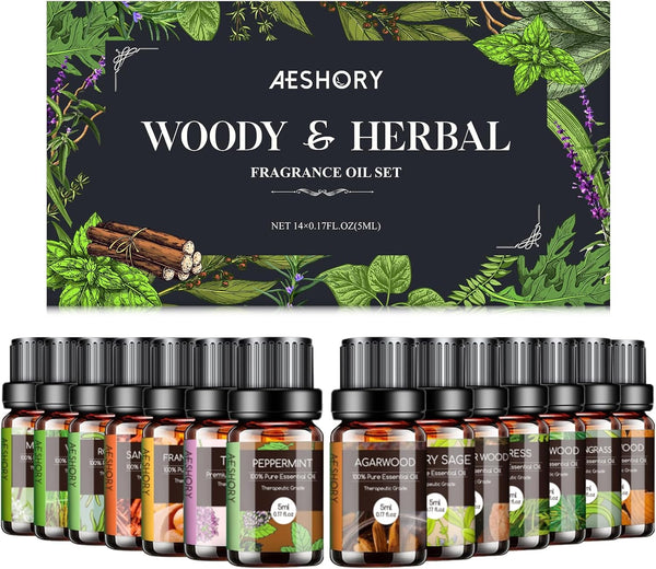 Woody & Herbal Essential Oils Set - TOP 14 Fragrance Oil for