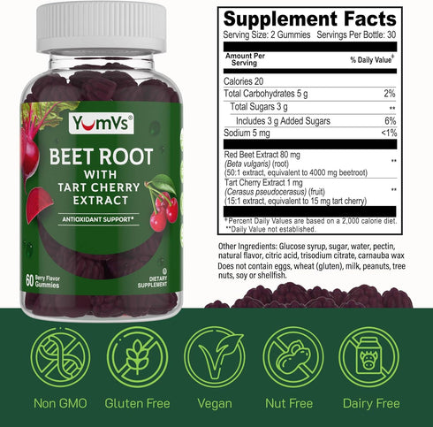 YumVs Beet Root Gummies with Tart Cherry Extract - Berry Flavor, Beet Chews for Blood Circulation and Antioxidant