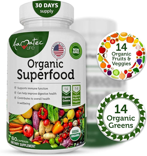 Organic Superfood Greens Fruits and Veggies Complex - Dietary Supplement with 14 Greens & 14 Fruits, Non-GMO