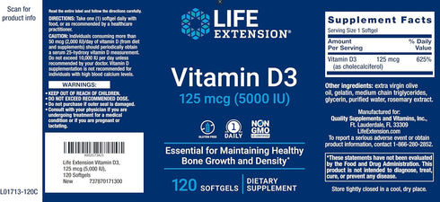 Life Extension Vitamin D3 5000 IU, 120 Softgels, 125mcg