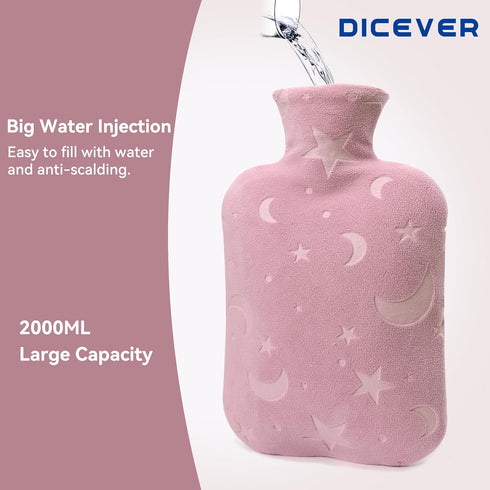 Hot Water Bottle with Soft Cover, 2L Bag for Menstrual Cramps, Pain Relief, Hot and Cold Therapies, Pink