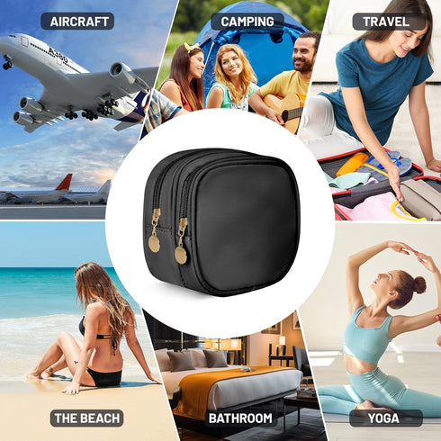 Small Makeup Pouch, Double Zipper Cosmetic Bag, Cute Travel Makeup Bag for Purse, Mini Toiletry Bag (Black)