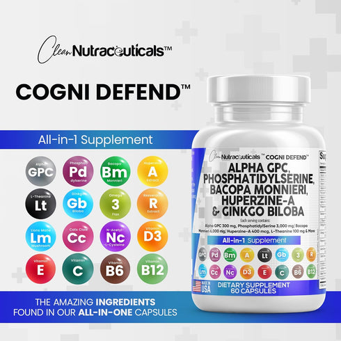 Clean Nutraceuticals Alpha GPC Choline 300mg, Phosphatidylserine 3000mg, Bacopa Monnieri 6000mg & Ginkgo Biloba