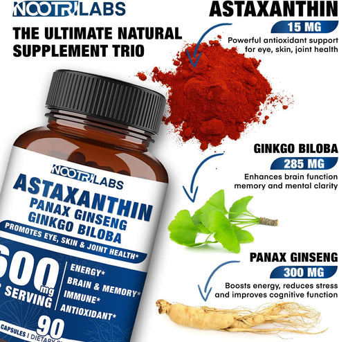 Astaxanthin 15mg + Panax Ginseng, Ginkgo Biloba Supplements, 90 Vegan Capsules, Promotes Eye, Skin, Joint Health Energy, Cardiovascular Support + Immune Defense and Focus
