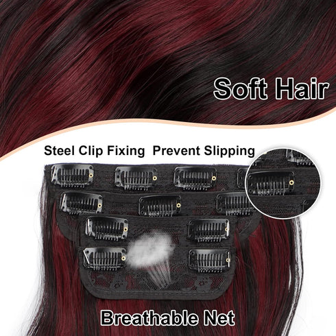 Vigorous Clip in Hair Extensions, 4PCS Black Burgundy Mixed Soft Synthetic Hairpieces, 20 Inches Full Head Extensions
