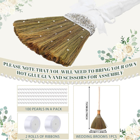 Wedding Brooms DIY Bride Bridegroom Jump Broom 11.81 x 28.74 Inch Whisk Wedding Brooms Jumping Brooms with White Ribbons Artificial Pearl for African American Wedding Ceremony Crafts by Yungyan