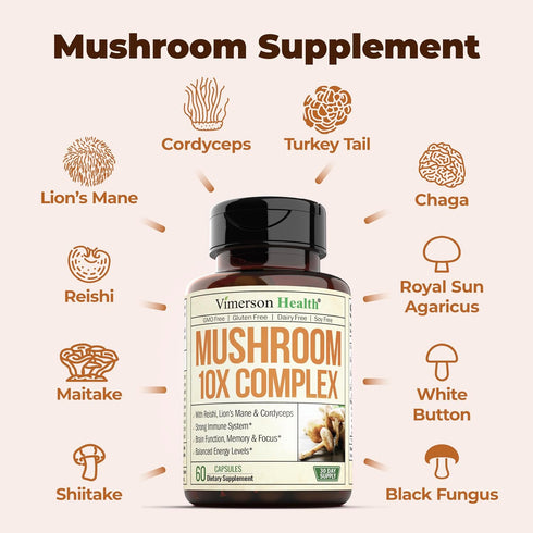 10-in-1 Mushroom Powder Supplement - Lion’s Mane, Reishi, Cordyceps, Chaga & more, 60 Turkey Tail Capsules
