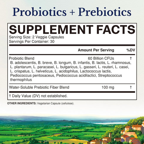 Vitalitown Probiotics + Prebiotics - 60 Billion CFUs, 19 Strains, 60 Delayed Release Veg Caps for Digestive Health