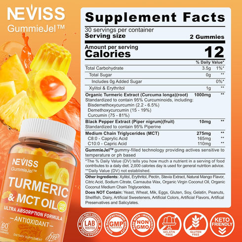 Sugar Free Turmeric Curcumin Gummies, Turmeric 1000mg Supplement with Black Pepper Extract, 120 Counts