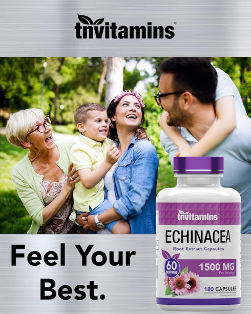 Echinacea Capsules, 1500 mg Per Serving, 180 Capsules, Herbal Extract Supplement, USA Made
