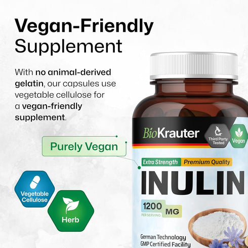 BIO KRAUTER Inulin Powder Capsules - 1200 mg Prebiotic Fiber Supplements - 100 Count Chicory Root Fiber for Digestive