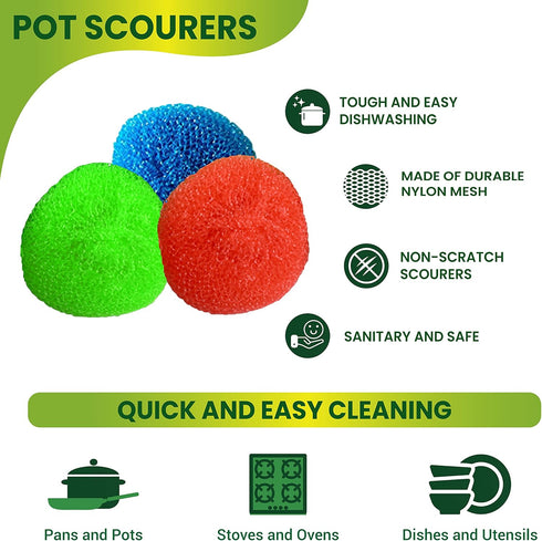 SCRUBIT 18 Round Nylon Dish Scrubber Scouring Pads, 3 Packs of 6 Assorted Colors, Non-Scratch