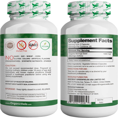 Organic Veda Moringa Seed Capsules, 1000mg - 100% Natural Moringa Seed Powder with Nutrients, Antioxidants, Vitamins, Minerals & Enzymes - Glowing Skin, Immunity & Energy Support - Non-GMO, 120 Count