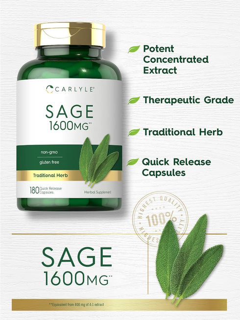 Carlyle Sage Supplement 1600mg, 180 Capsules, High Potency, Non-GMO, Gluten Free