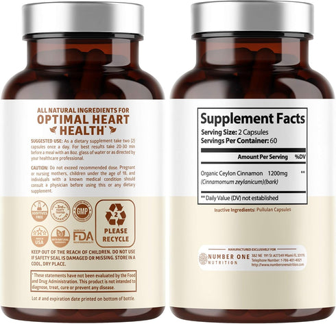 N1N Premium Ceylon Cinnamon 1200mg - 100% Organic Natural Supplement for Healthy Circulation, 120 Caps