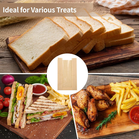 THNIOI 200 Pcs Paper Bread Bags, Large Kraft Bakery Bags for Biscuits and Snacks, Oil-proof, Includes Clear Windows