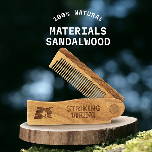 Striking Viking Folding Wooden Comb For Men - Hair Mustache & Beard Comb - Wood Mustache Styling Comb - Sandalwood Switchblade Comb For Everyday Beard Grooming - Use Dry Or With Beard Oils & Balms
