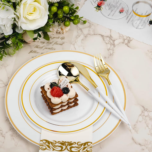 90PCS Gold Plastic Silverware Set - Heavy Duty Cutlery with 30 Spoons, 30 Forks, 30 Knives, White Handle for Parties