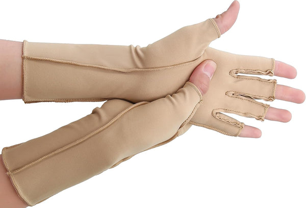 Compression Arthritis Gloves, Rheumatoid Pain Relief Fingerless Circulation Gloves for Women & Men, Beige M