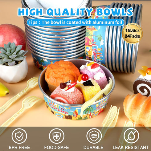 gisgfim 24 Set Pool Party Supplies, 18.6oz Disposable Bowls for Ice Cream, Hawaiian Paper Serving Bowls