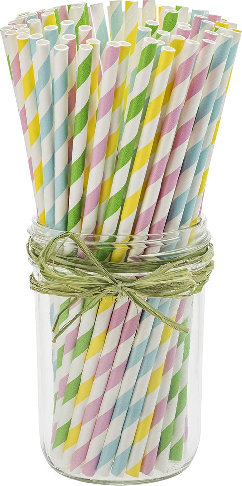 Paper Straws Biodegradable, 200 Pack, Striped Multi Colored, BPA-Free Disposable 8.25" Long Straw for Parties