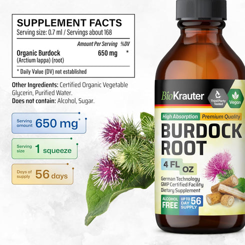 Organic Burdock Root Tincture - Antioxidant Support Liquid Supplement, Alcohol and Sugar Free, Vegan Drops 4 Fl.Oz.