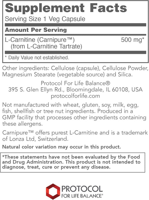 Protocol L-Carnitine 500mg, Supports Metabolic Health & Energy Production, 60 Veg Caps