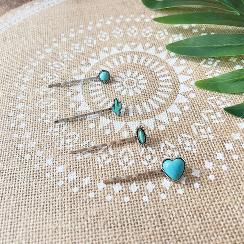 Western Style Hair Bobby Pins, 4 Pcs Women's Turquoise Howlite Stone Hair Clip Cowgirl Chic Retro Accessories