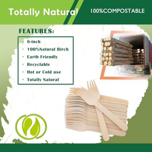 Disposable Wooden Forks - Pack of 100, 6.5" Length - Biodegradable Natural Utensils for Parties, Camping, Weddings