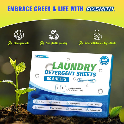 FIXSMITH Laundry Detergent Sheets - 160 Loads (80 Sheets) Hypoallergenic, Eco-Friendly Travel Detergent Strips
