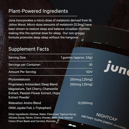 Juna Nightcap Sleep Gummies for Adults, Sugar-Free Phyto-melatonin Sleep Aid with Tart Cherry, GABA, Magnesium, 30