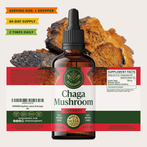 Immune Immunity 84-Day HERBAMAMA Chaga Mushroom Tincture - Vegan Support & Defense with Chaga Mushroom Extract Drops