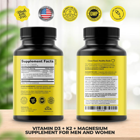 Vitamin D3 5000 IU + K2 with Magnesium Bisglycinate for Max Absorption | 90 Capsules | Immune Support | Promotes Heart, Bone and Muscle Health
