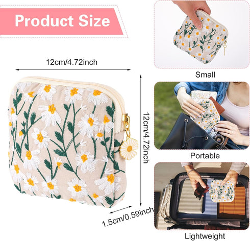 TIESOME 2 Daisies Sanitary Napkin Storage Bag, Pcs Embroidery Menstrual Cup Pouch Cotton Soft Period Holder Bag
