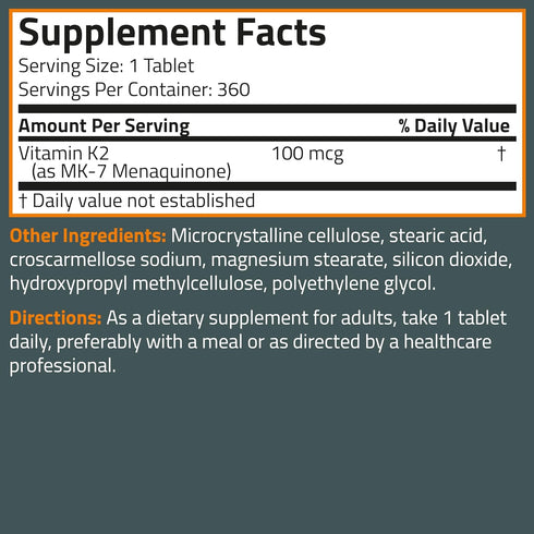 Bronson Vitamin K2 MK-7 100 MCG, 360 Tablets - Bone Support, 1 Year Supply of K2 as MK7 Menaquinone