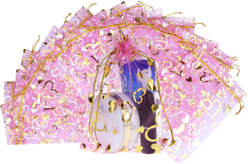 100PCS Heart Printed Organza Bags - Gift Jewelry Candy Bags for Wedding Valentine's Day 5x7Inch
