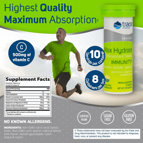 Trace Minerals MAX Hydrate Immunity - High Performance Electrolyte Fizzing with Magnesium, Sodium, Potassium, Vitamin C