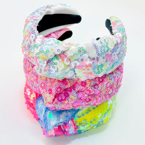XIMA 3 PCS Sequin Headbands for Women and Girls, Neon Rainbow Sparkle Statement Top Knot Holiday Hair Accessories