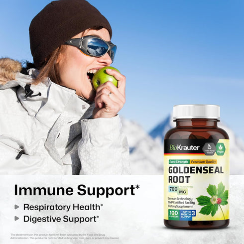 BIO KRAUTER Goldenseal Root Capsule 700 mg, 100 Vegan Golden Seal Powder Caps for Respiratory & Digestive Support