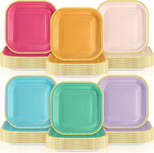 Tiangrid 120 Pcs Colorful Paper Plates 7 Inch Rainbow Candy Color Disposable Square