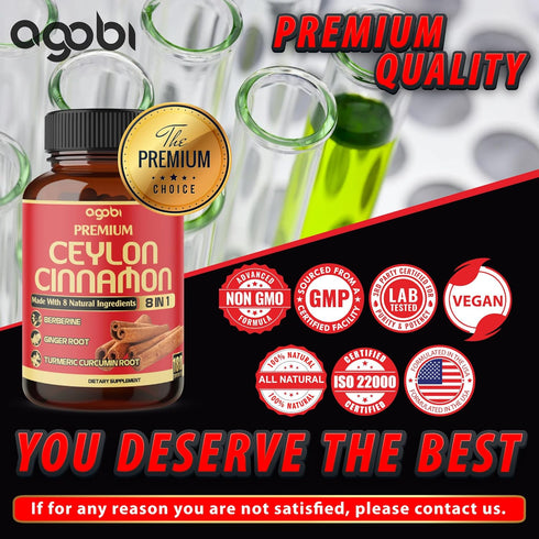 Premium Ceylon Cinnamon with Berberine Supplement - 8in1 Turmeric, Ginger, Gymnema & More - 180 Capsules for Body