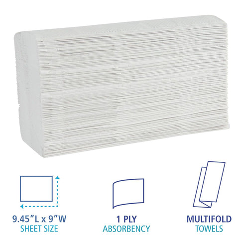 Boardwalk Multifold Disposable Bathroom Paper Hand Towels, 1-Ply, 9 x 9.45, 250 Towels/Pack, 16 Packs/Carton, White